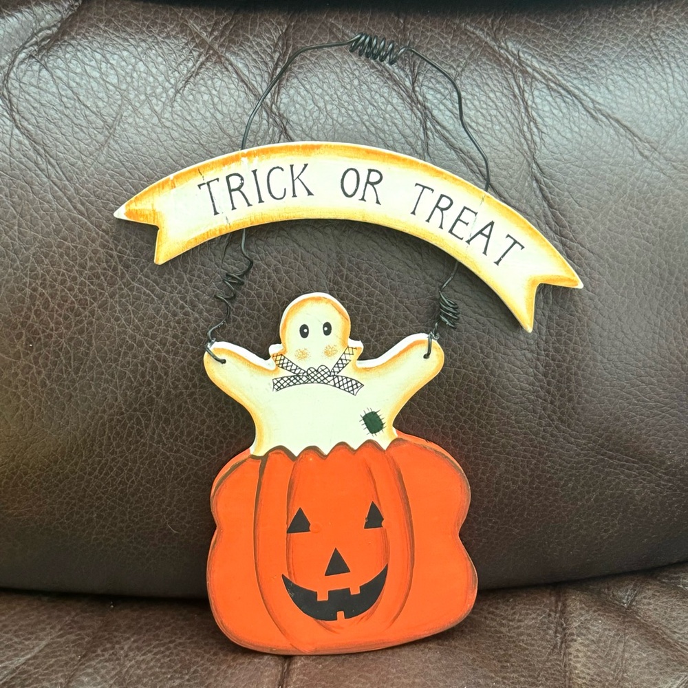 Trick or Treat Ghost on Pumpkin Wooden Halloween Sign with Hanger